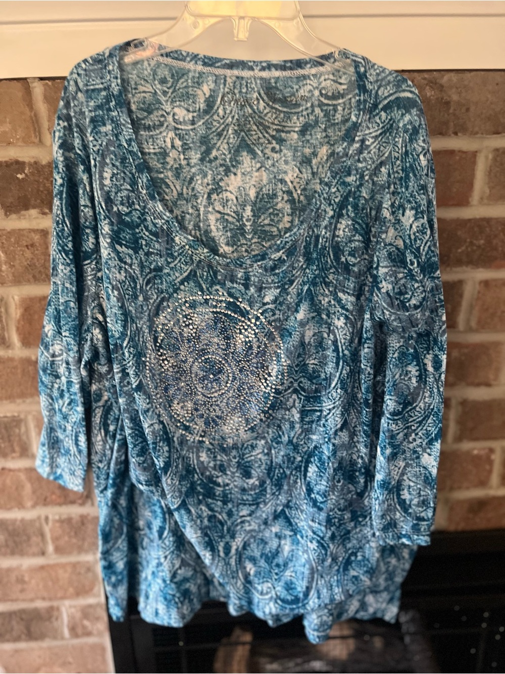 Blue Patterned Women's Scoop Neck Top with Rhinestone Detail